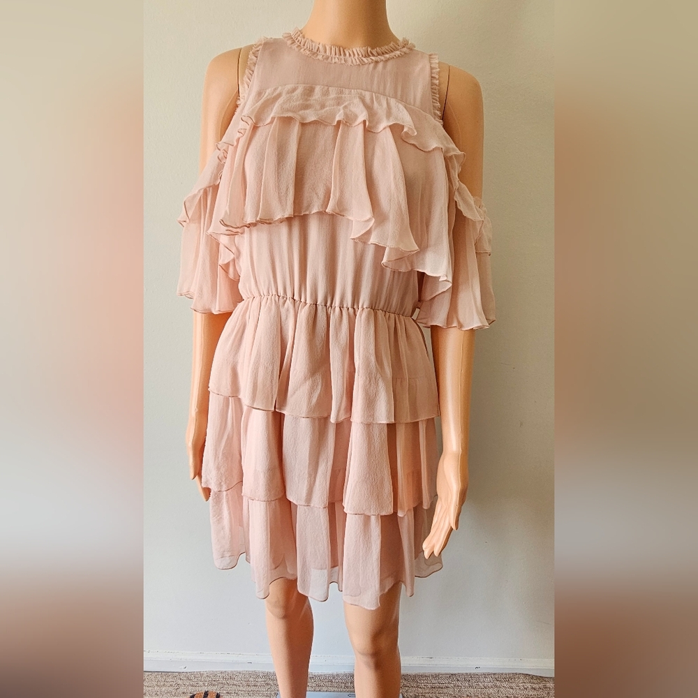 Alice + Olivia Silk Cold Shoulder Ruffled Blouse in Soft Pink